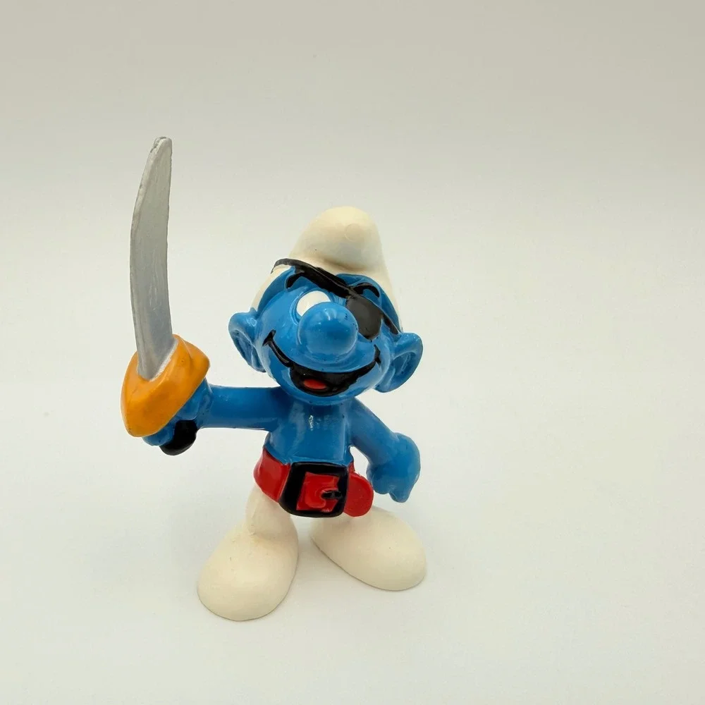 Vintage by Bully West Germany Peyo Pirate Smurf Figure with Sword Eye Patch PVC